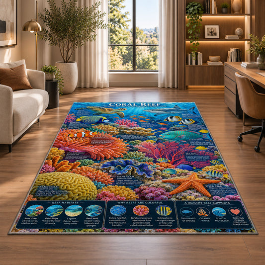 Coral Reef Ocean Rug shown near large windows and a sofa