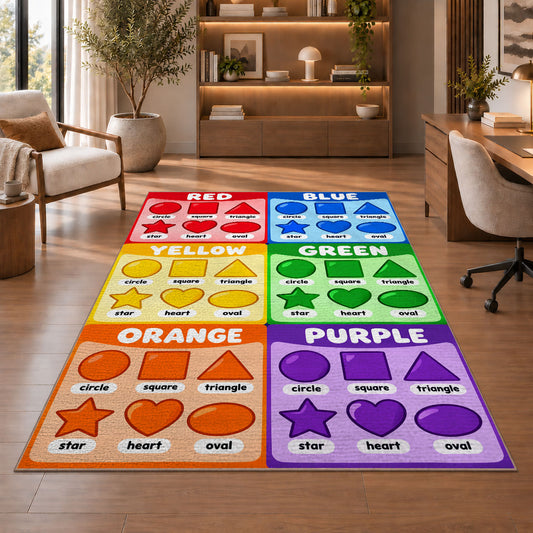 Rainbow Shapes Color Chart Rug shown beside a lounge chair and wooden shelving