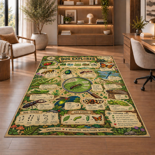 Bug Explorer Nature Guide Rug shown beside a lounge chair and wooden shelving