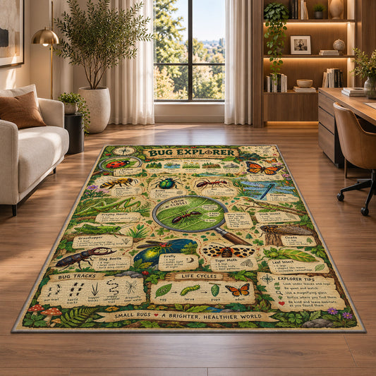 Bug Explorer Nature Guide Rug shown near large windows and a sofa