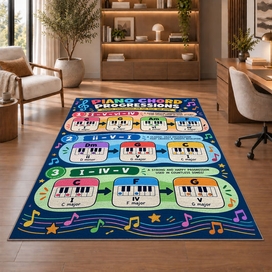 Piano Chord Progression Rug shown beside a lounge chair and wooden shelving