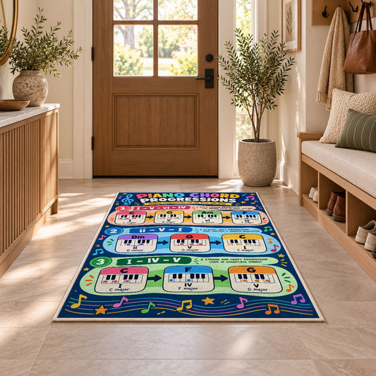 Piano Chord Progression Rug shown in an entryway near a wooden door