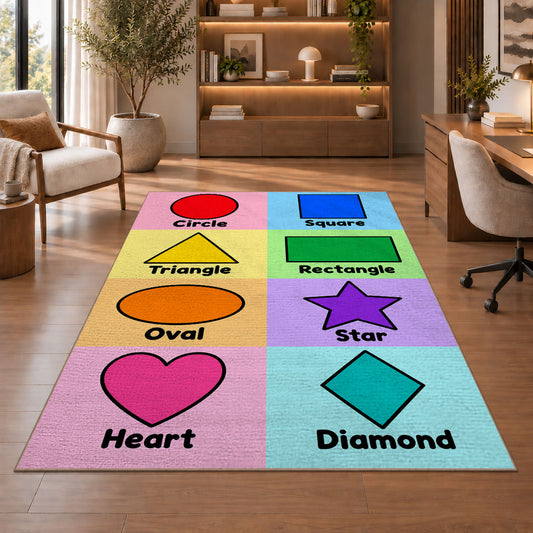 Pastel Shapes Learning Rug shown beside a lounge chair and wooden shelving