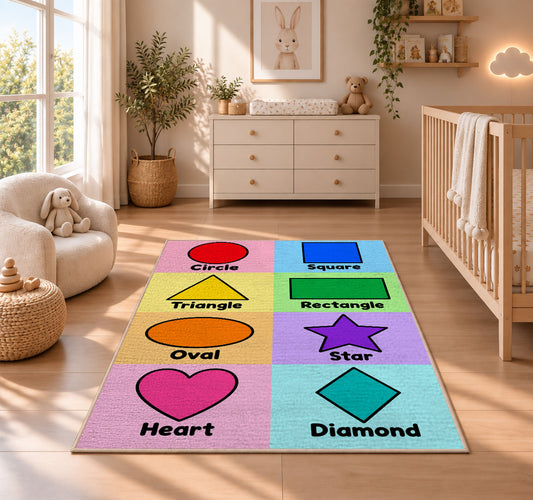 Pastel Shapes Learning Rug shown in a sunlit nursery beside a white cot