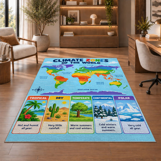 World Climate Zones Map Rug shown beside a lounge chair and wooden shelving