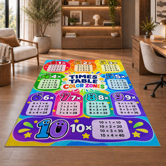 Rainbow Times Table Rug shown beside a lounge chair and wooden shelving