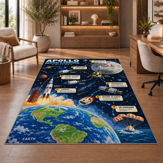 Moon Landing Journey Rug shown beside a lounge chair and wooden shelving