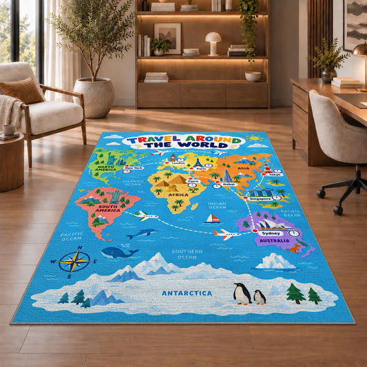 Travel Around the World Rug shown beside a lounge chair and wooden shelving