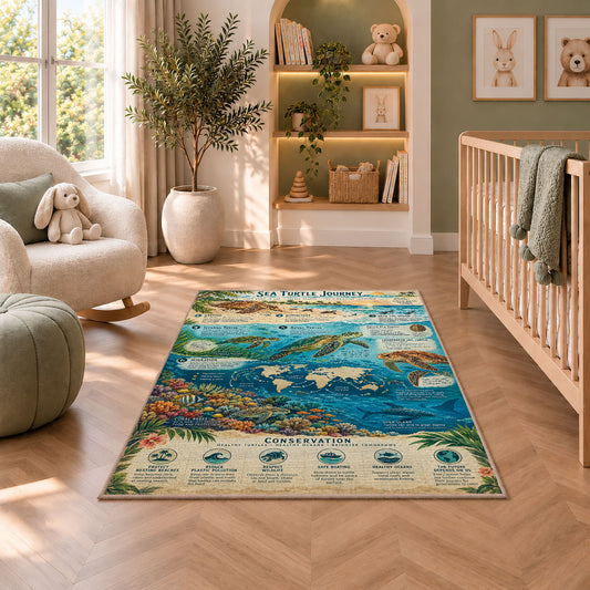 Ocean marine life field guide rug in a bright room with a reading chair and storage cabinet