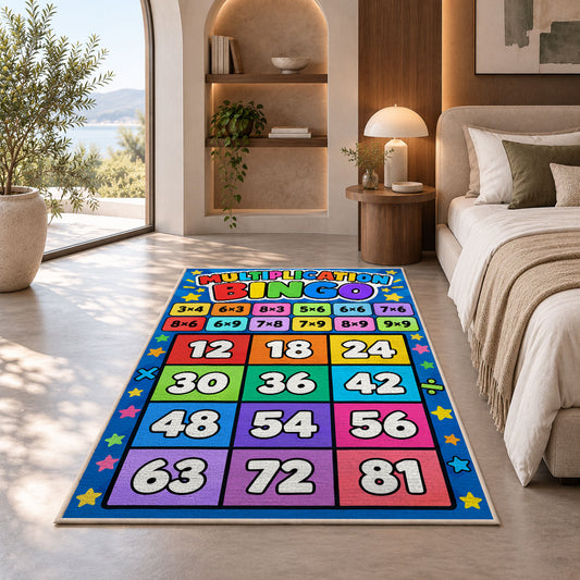 Multiplication grid rug in a sunny room with an indoor plant and sofa