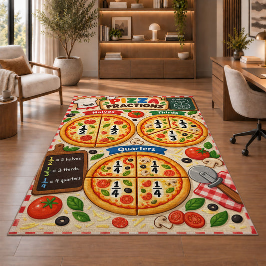 Pizza fractions rug in a living room with a chair, shelves and sofa