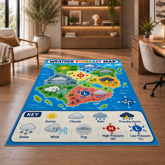 Weather world map rug in a living room with a chair, shelves and sofa
