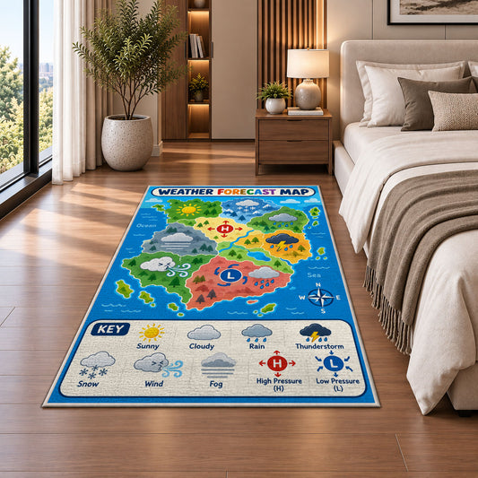 Weather world map rug beside a sofa and fireplace