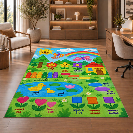 Sunny shapes colors rug in a living room with a chair, shelves and sofa