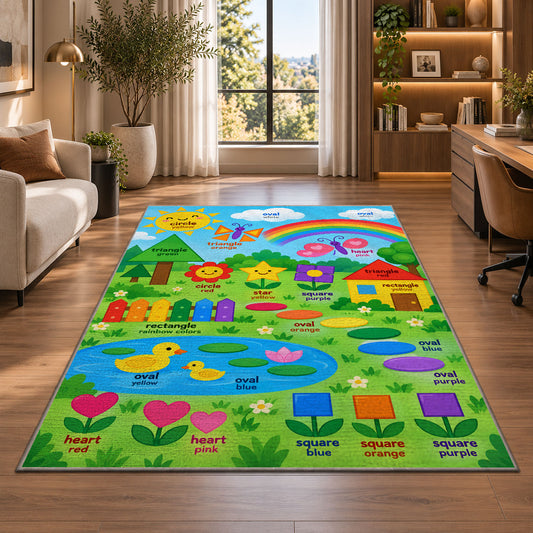 Sunny shapes colors rug near an armchair, window and shelves