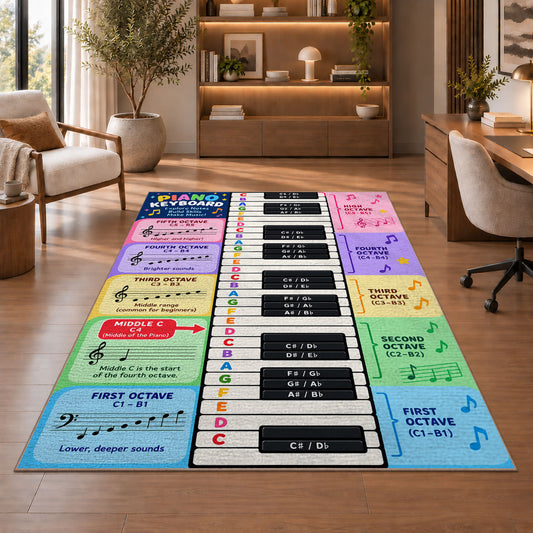 Piano music theory rug in a living room with a chair, shelves and sofa