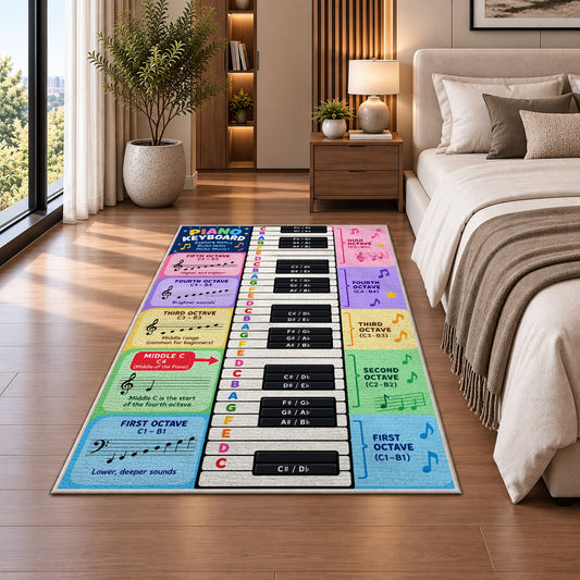 Piano music theory rug beside a sofa and fireplace