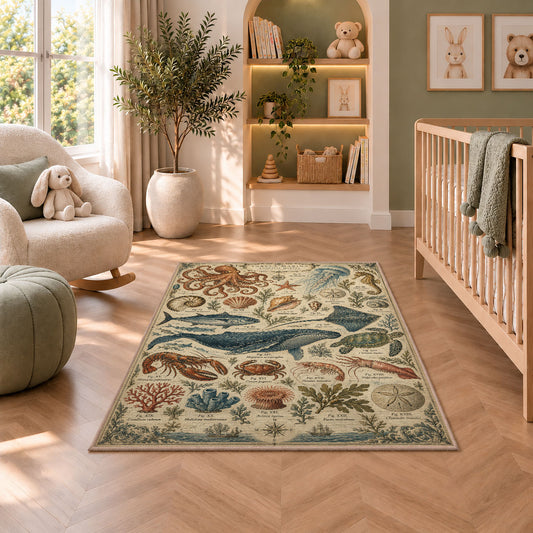 Vintage ocean creature rug in a bright room with a reading chair and storage cabinet