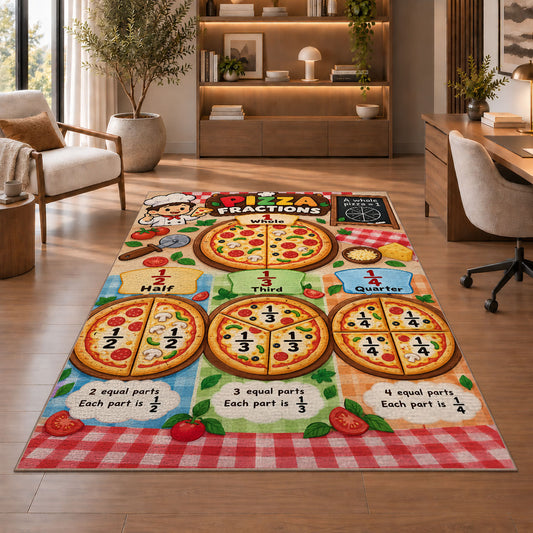 Pizza slice fractions rug in a living room with a chair, shelves and sofa