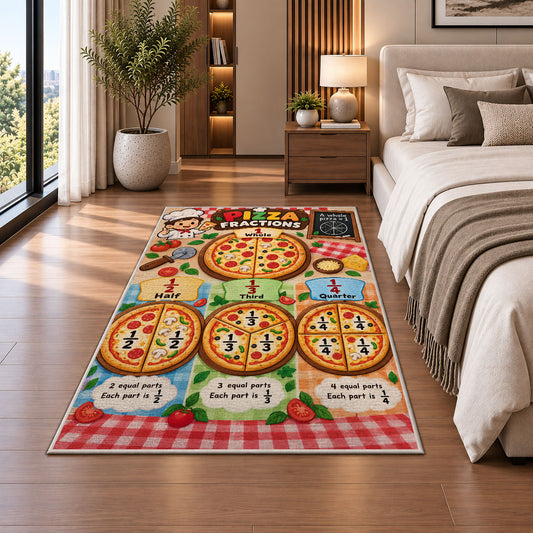 Pizza slice fractions rug beside a sofa and fireplace
