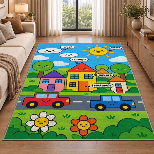 Happy town road rug beside a cream sofa and large windows