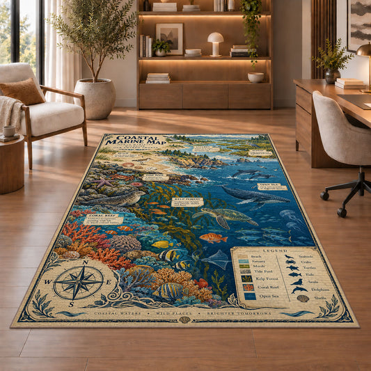 Vintage coastal map rug in a living room with a chair, shelves and sofa