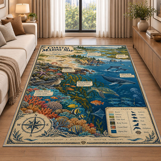 Vintage coastal map rug beside a cream sofa and large windows