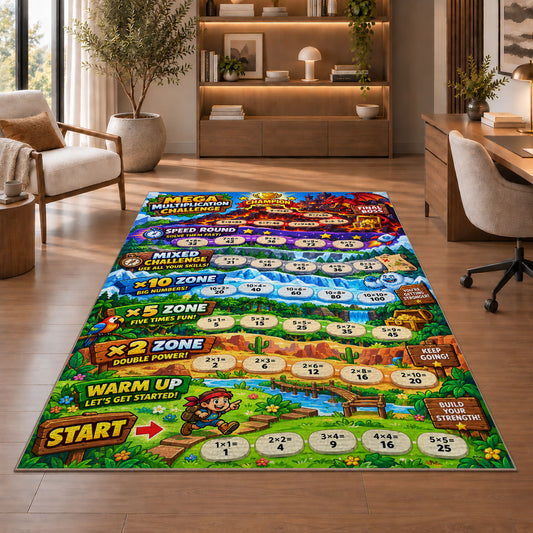 Jungle multiplication trail rug in a living room with a chair, shelves and sofa