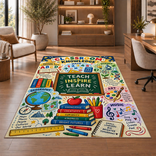 Teacher inspiration rug in a living room with a chair, shelves and sofa
