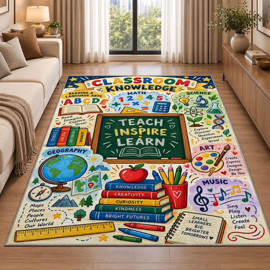 Teacher inspiration rug beside a cream sofa and large windows