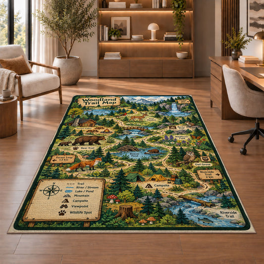Forest adventure map rug in a living room with a chair, shelves and sofa