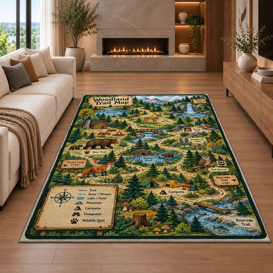 Forest adventure map rug in a seating area with a sofa and fireplace