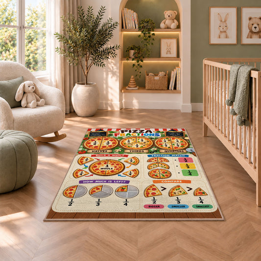 Pizza Fraction Activity Rug shown in a nursery with a cot and soft toys