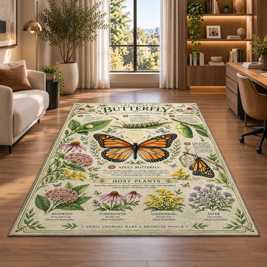 Butterfly Life Cycle Botanical Rug shown near large windows and a sofa