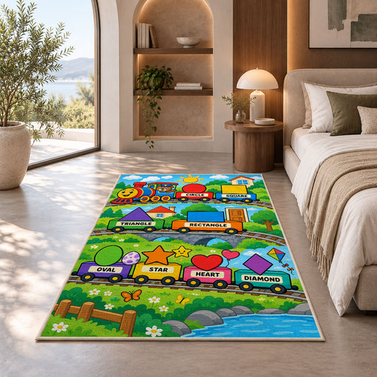 Shape Train Learning Rug shown in a bedroom by a garden window