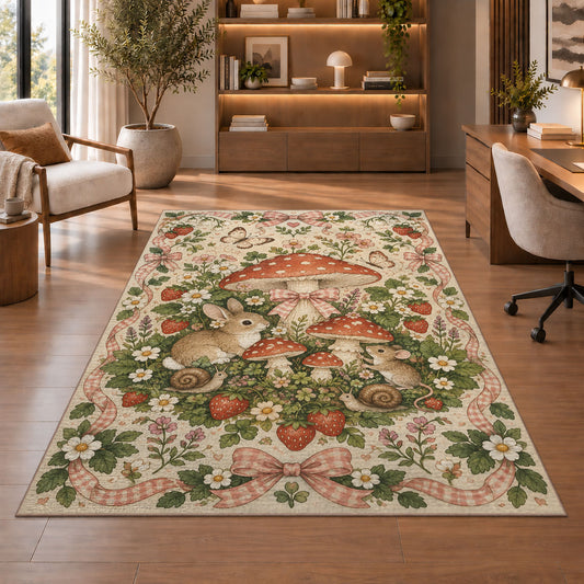 Woodland Bunny Mushroom Rug shown beside a lounge chair and wooden shelving