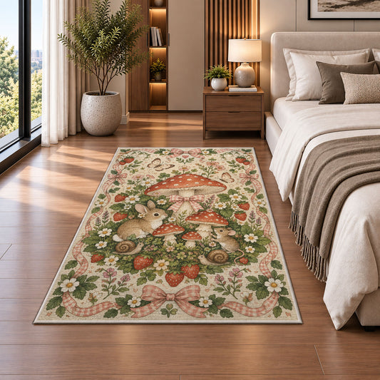 Woodland Bunny Mushroom Rug shown beside a bed with neutral bedding