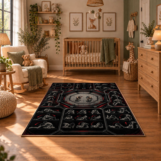 Gothic Championship Mask Collage Area Rug styled in a cozy nursery