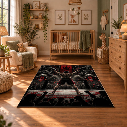 Red Arena Fighter Silhouette Area Rug styled in a cozy nursery