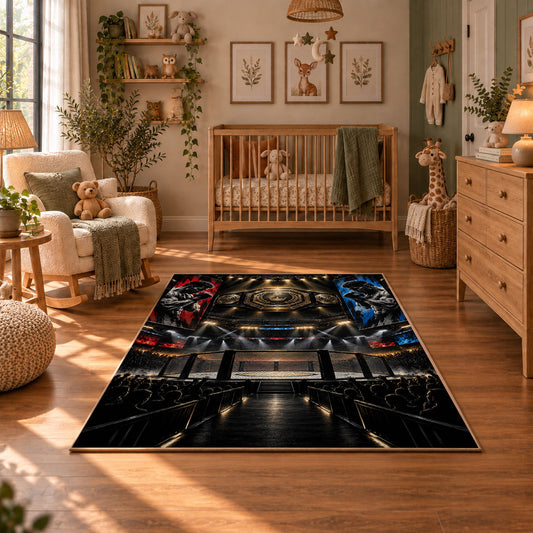 Championship Ring Arena Night Area Rug styled in a cozy nursery