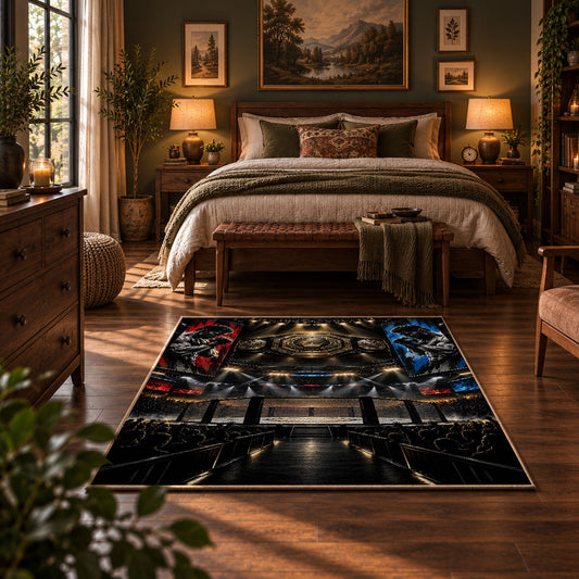 Championship Ring Arena Night Area Rug styled in a bedroom corner
