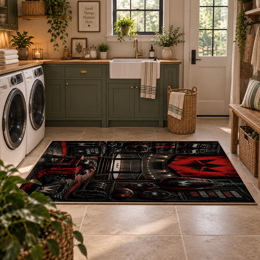 Red Championship Entrance Stage Area Rug styled in a modern laundry room