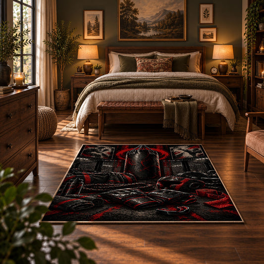 Red Hooded Arena Fighter Area Rug styled in a bedroom corner