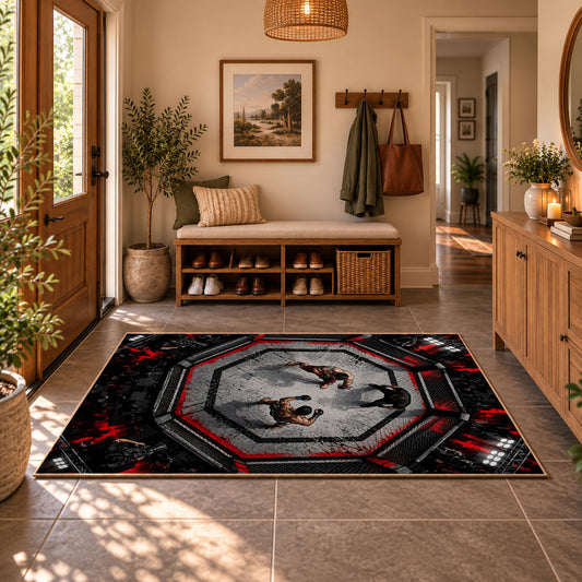 Gothic Octagon Portrait Area Rug styled in a welcoming entryway