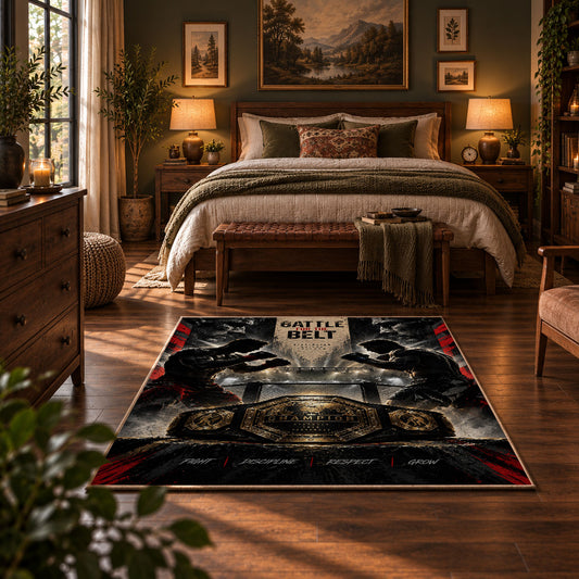 Battle Cry Wrestling Portrait Area Rug styled in a bedroom corner