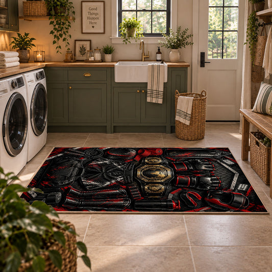 Masked Champions Collage Area Rug styled in a modern laundry room