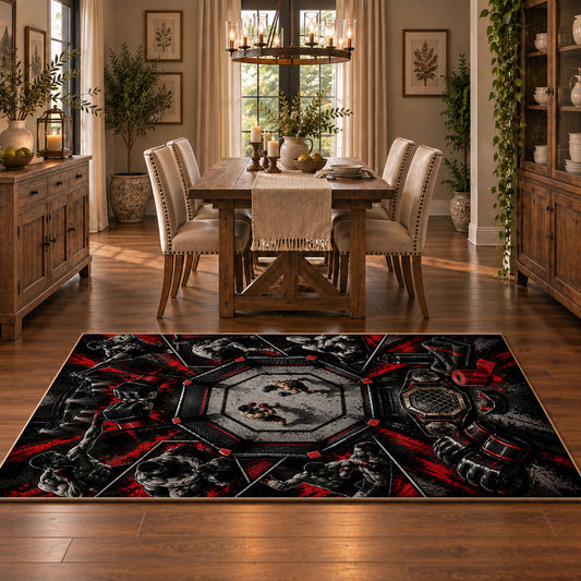 Gothic Championship Collage Area Rug styled in a dining room