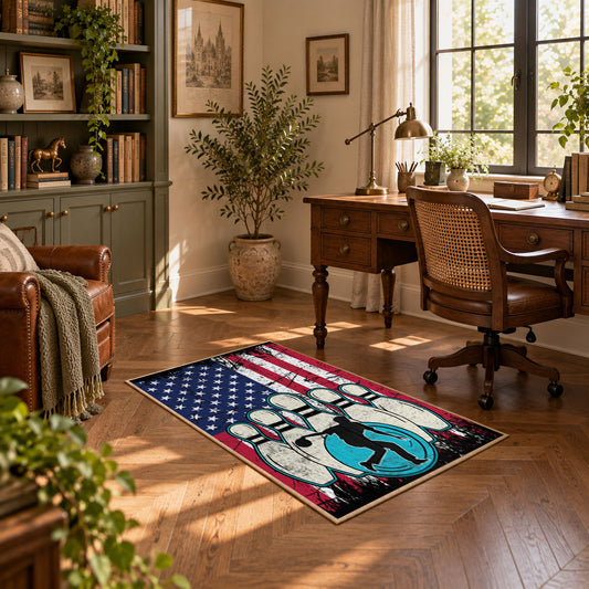 red white and blue patriotic elephant and flag motif area rug, warm living room view
