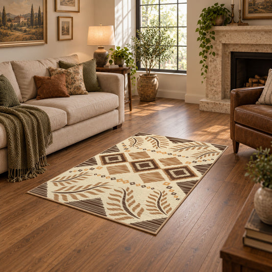 beige and brown botanical tribal pattern area rug, warm living room view