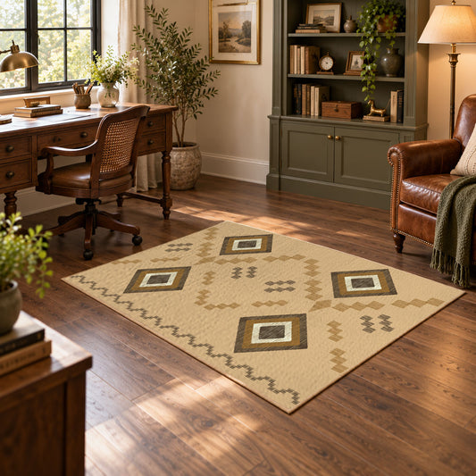 beige and brown minimal square pattern area rug, warm living room view